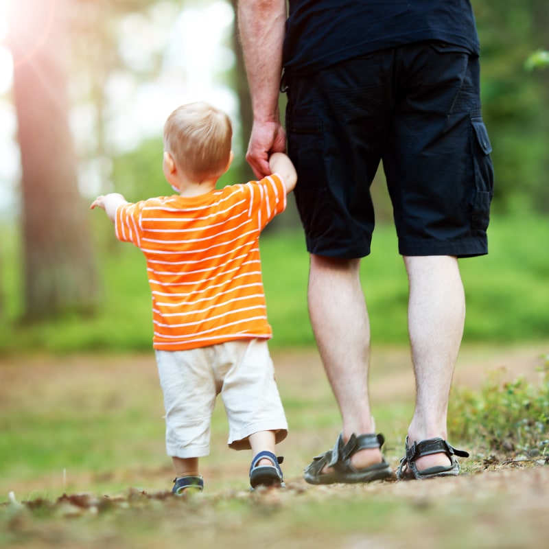 A father walks in the woods with his toddler-aged son